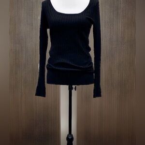 Women Black Scoop Neck Ribbed Long Sleeve Top Size L